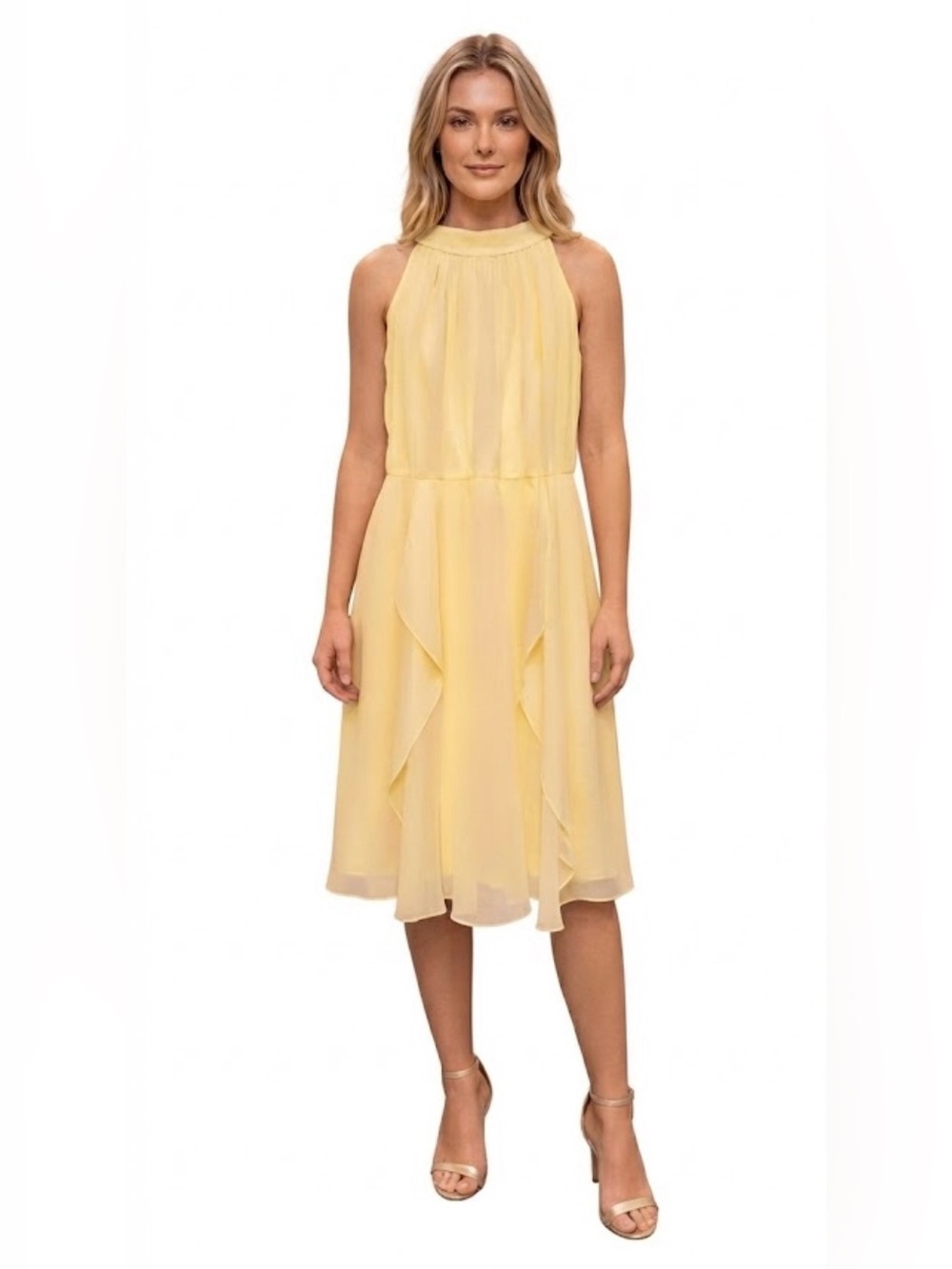 NWT White House Black Market Yellow Chiffon Halter Mock Neck Dress Size 14